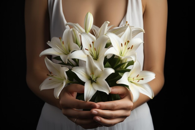 Eine Frau hält einen Blumenstrauß weißer Blumen Blumenstreuß Frauen Geschenke romantische Geste Blumenarrangements