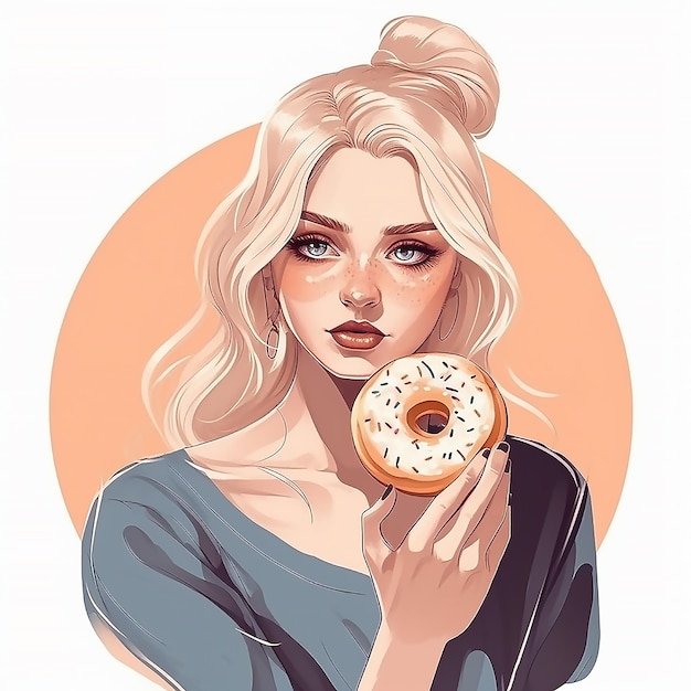 Eine Frau hält einen Donut in der Hand und das Wort Donut auf der Vorderseite.