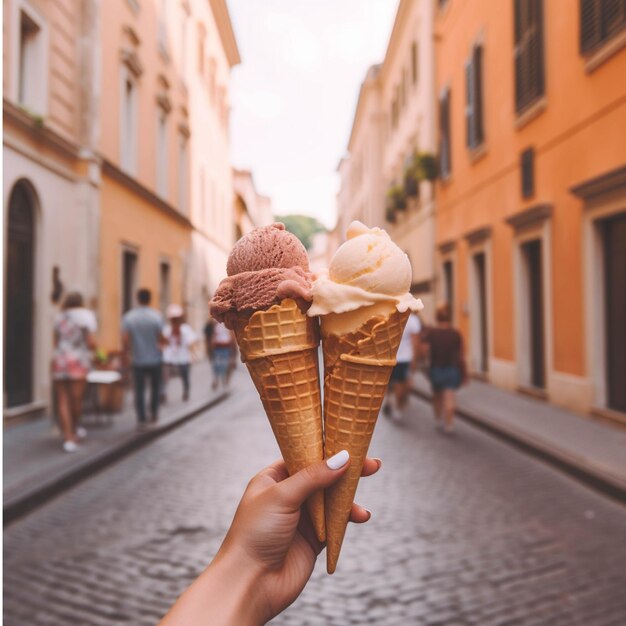 Eine Frau hält einen Eiscreme-Kegel in der Hand auf einer Straße in der europäischen Stadt