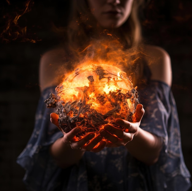 Eine Frau hält einen Globus, auf dem das Wort „Feuer“ steht