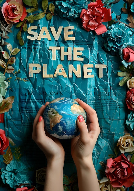 Foto eine frau hält einen globus mit den worten rette den planeten drauf