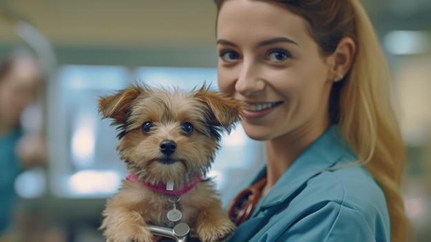 Eine Frau hält einen Hund in einem Krankenhaus