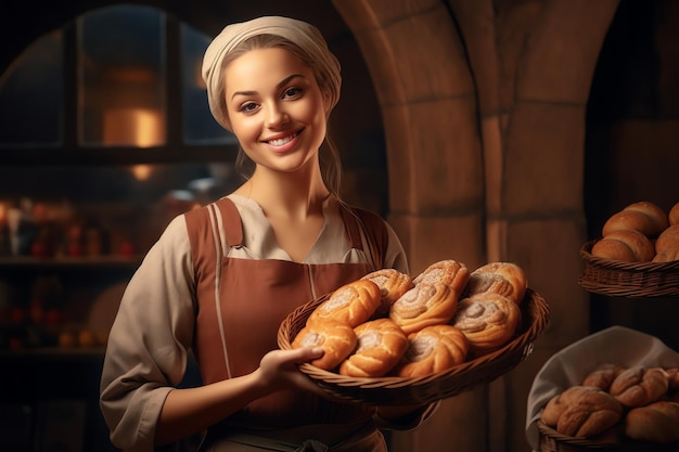 Eine Frau hält einen Korb mit Brot in einer Bäckerei