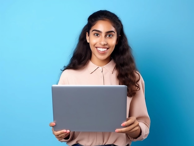 Eine Frau hält einen Laptop vor einem blauen Hintergrund.