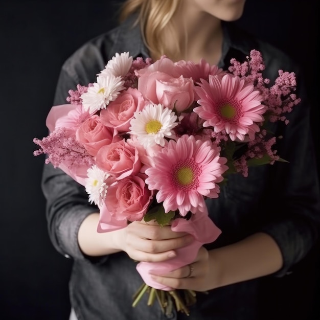 Eine Frau hält einen Strauß rosafarbener Blumen in ihren Händen.