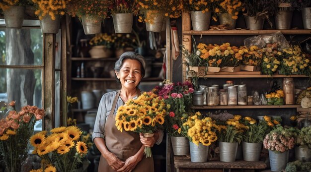 Eine Frau hält einen Strauß Sonnenblumen in einem Blumenladen