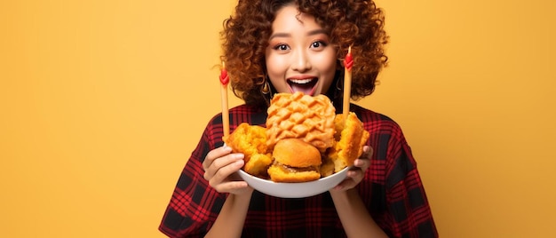 Eine Frau hält einen Teller mit Essen und Pommes