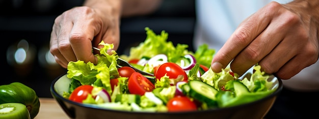 Eine Frau hält einen Teller mit Lebensmittelsalat in ihren Händen auf dem Hintergrund der Küche