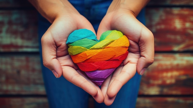 Eine Frau hält in ihren Händen ein Herz, das in den Regenbogenfarben der LGBT-Flagge bemalt ist