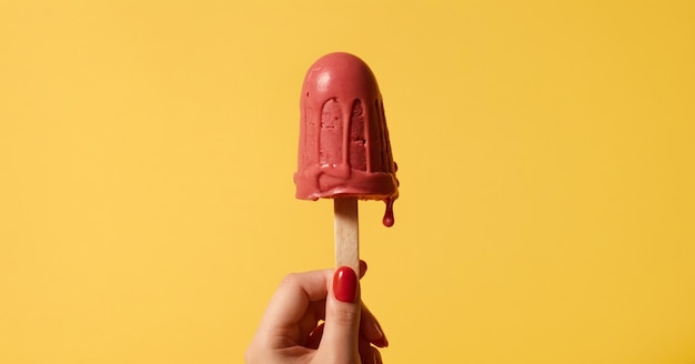 Foto eine frau hält mit der hand ein rotes eis auf einem gelben hintergrund gefrierten fruchtpopsicles