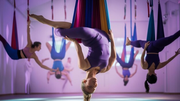 Eine Frau hängt auf dem Kopf in einer Hängematte und fliegt in einer Yoga-Klasse.