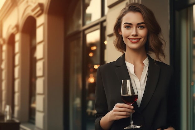 Eine Frau im Anzug hält ein Glas Rotwein in der Hand.