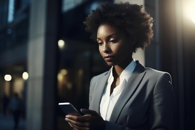 Eine Frau im Anzug hält ein Telefon in der Hand und schaut auf ihr Telefon.