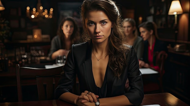 Eine Frau im Anzug steht vor einem Tisch, im Hintergrund andere Personen.