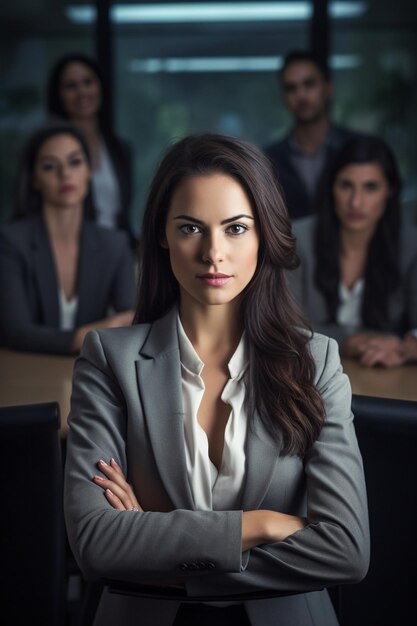 Eine Frau im Anzug steht vor einer Gruppe von Menschen in einem Konferenzraum.