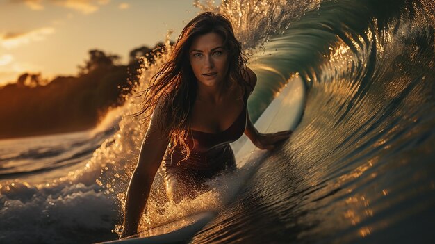 Foto eine frau im bikini surft in einem wellenbad