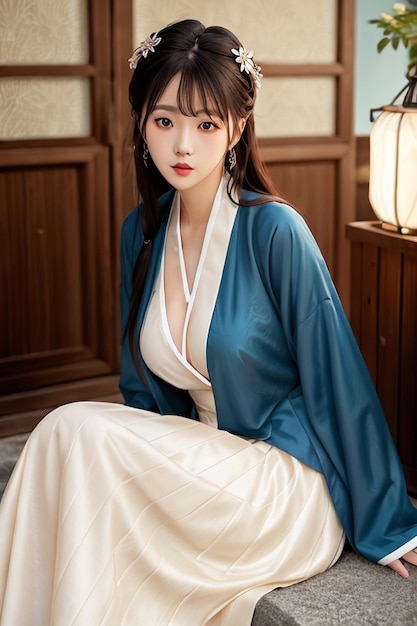 Eine Frau im blauen Kimono sitzt auf dem Boden vor einer Lampe.