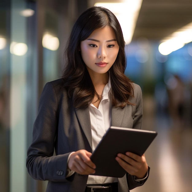 Eine Frau im Business-Anzug benutzt ein Tablet.