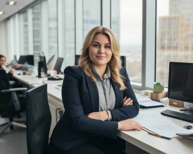 Eine Frau im Business-Anzug sitzt an einem Schreibtisch in einem Büro