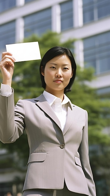 Eine Frau im Businessanzug hält eine weiße Karte hoch.