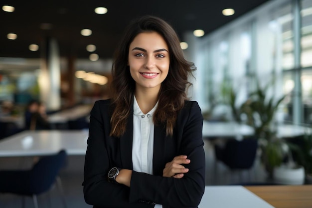 Eine Frau im Businessanzug steht mit verschränkten Armen vor einem Schreibtisch.