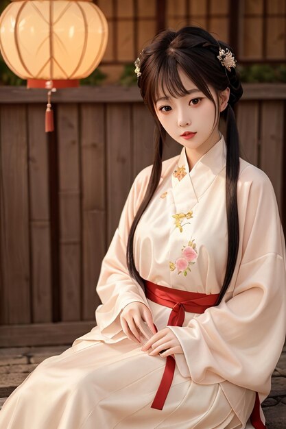 Eine Frau im chinesischen Kimono sitzt auf einer Bank vor einer Laterne.