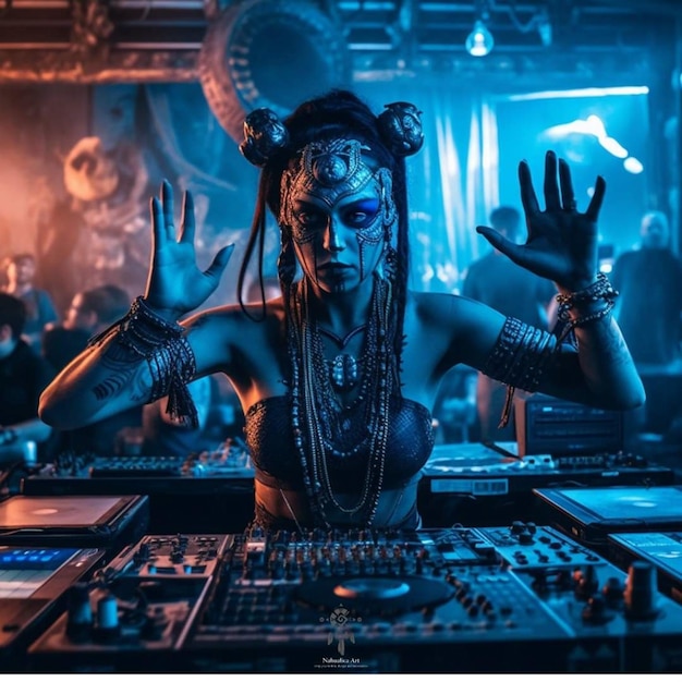 Eine Frau im DJ-Outfit mit einer Maske auf dem Kopf und dem Kopf eines DJs.