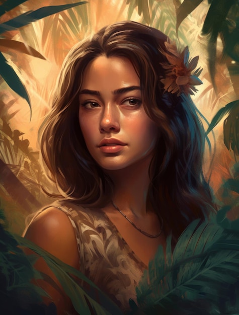 Eine Frau im Dschungel mit einer Blume auf dem Kopf