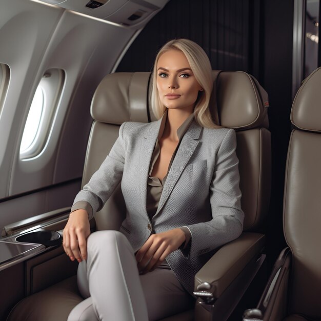 Eine Frau im grauen Anzug sitzt in einem Flugzeug mit einem Laptop auf dem Sitz.