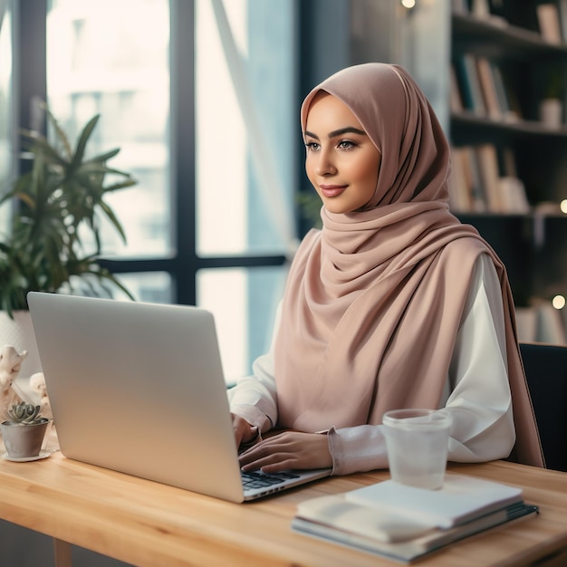 Eine Frau im Hijab arbeitet an einem Laptop in einem Café, arbeitet online, arbeitet aus der Ferne