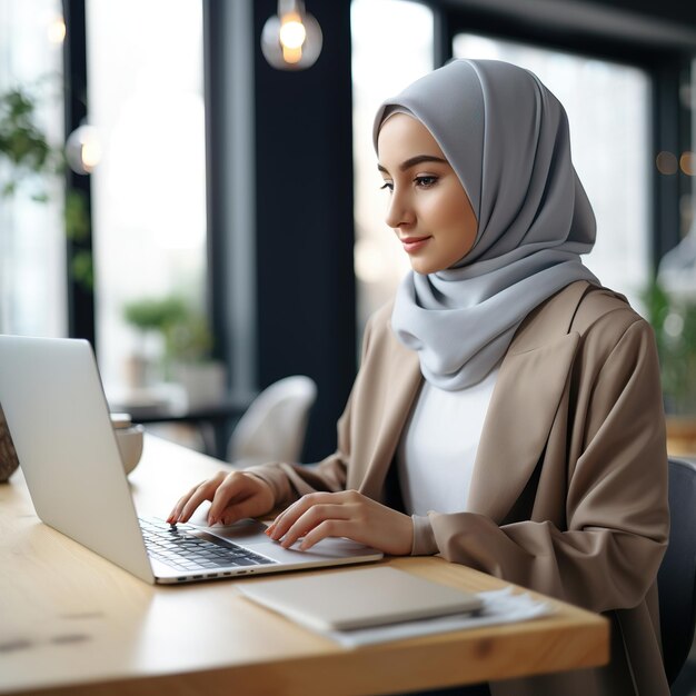 Eine Frau im Hijab arbeitet an einem Laptop in einem Café, arbeitet online, arbeitet aus der Ferne