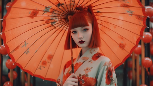 Eine Frau im Kimono hält einen Regenschirm mit der Aufschrift „Kimono“ in der Hand.