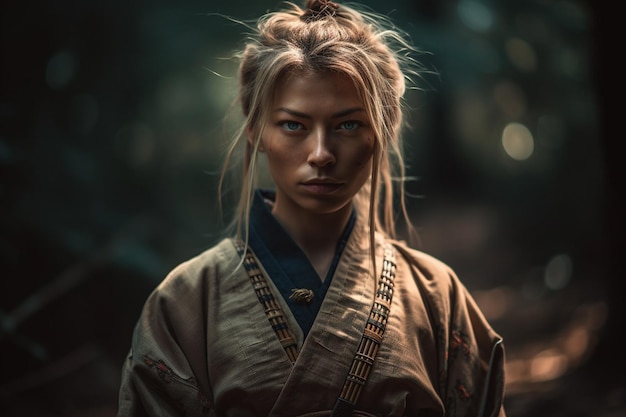 Eine Frau im Kimono mit blauen Augen steht in einem dunklen Wald.