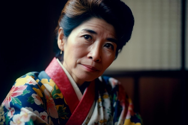 Eine Frau im Kimono mit Blumenmuster auf dem Kopf