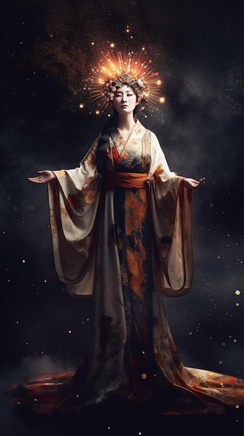 Eine Frau im Kimono mit dem Wort Sonne auf dem Kopf