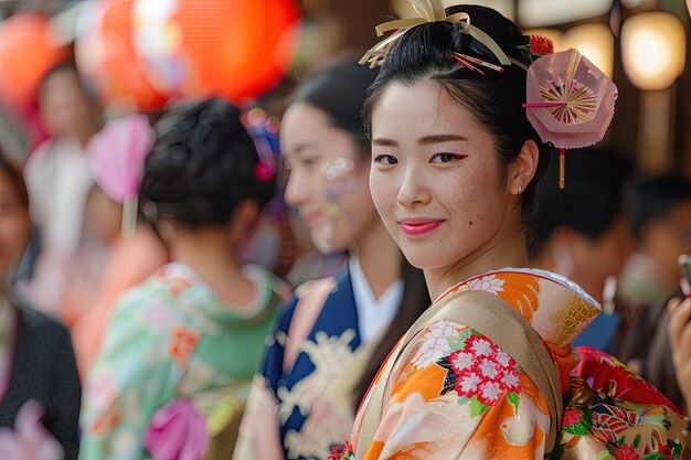 Eine Frau im Kimono schaut auf ihr Handy