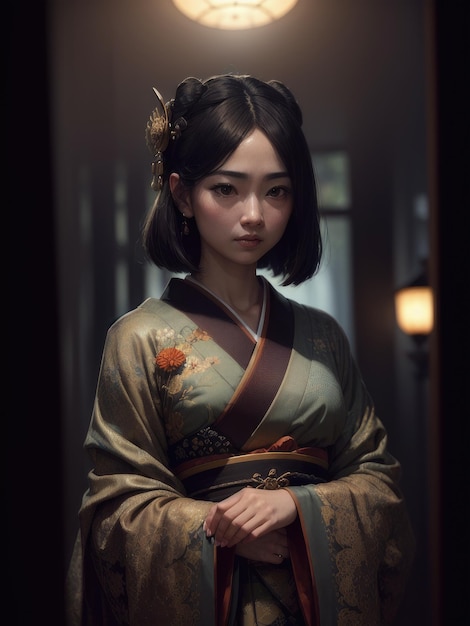 Eine Frau im Kimono steht in einem dunklen Raum mit Blumen im Haar.