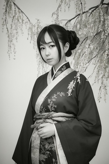Foto eine frau im kimono steht vor einem weidenzweig.