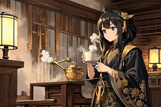 Eine Frau im Kimono trinkt eine Tasse Tee.