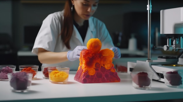 Eine Frau im Laborkittel arbeitet an einem Stück roter Flüssigkeit.