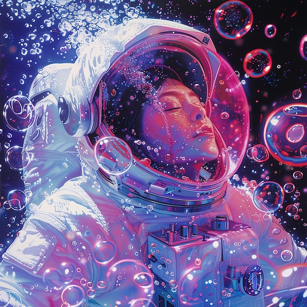eine Frau im Raumanzug mit Blasen und einem Raumanzug