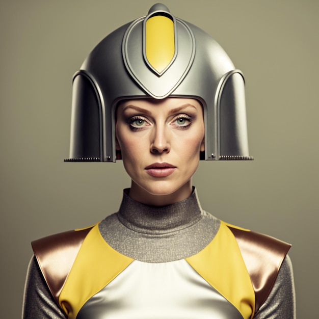 Eine Frau im Roboter-Outfit mit blauem Helm und goldenem Ring.