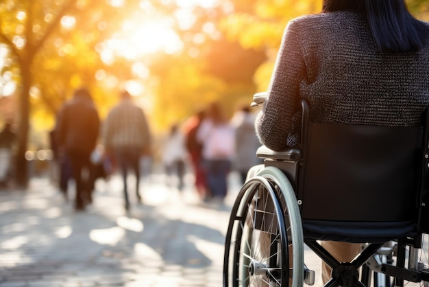 Eine Frau im Rollstuhl, die durch die Straßen der Stadt navigiert