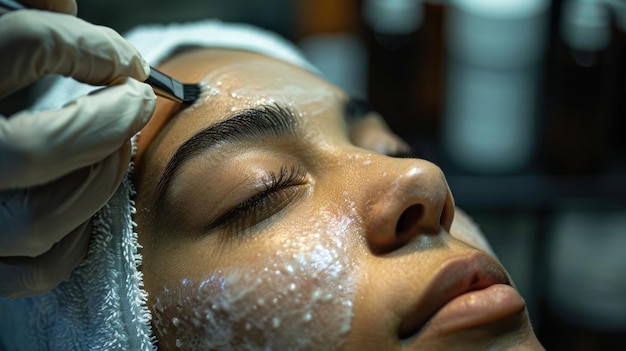 Eine Frau im Schönheitssalon, die sich eine Gesichtsmaske auf das Gesicht legt.