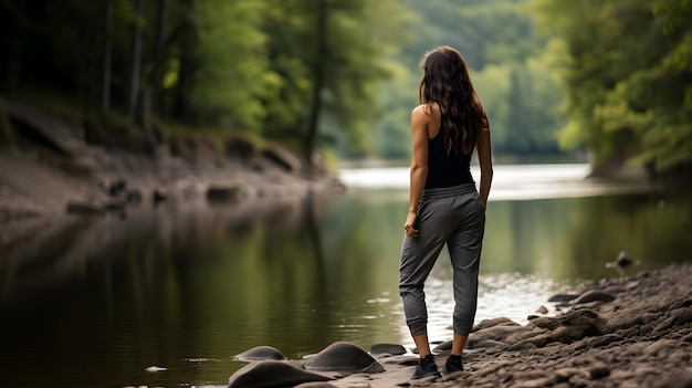Eine Frau im Sportoutfit steht in der Nähe eines ruhigen Flusses und blickt beim Nachdenken auf ihr Spiegelbild