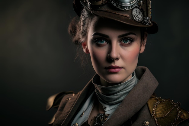 Eine Frau im Steampunk-Stil mit Hut und Brille im Steampunk-Stil