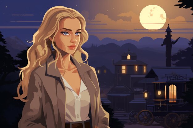 Foto eine frau im trenchcoat steht vor einer stadt mit vollmond im hintergrund