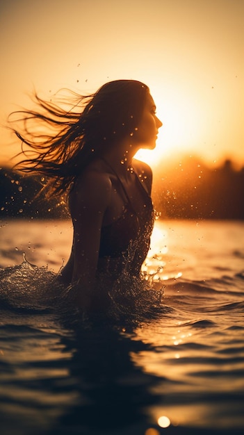 Eine Frau im Wasser bei Sonnenuntergang