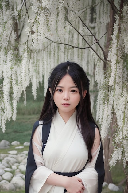 Eine Frau im weißen Kimono steht unter einem Baum mit weißen Blumen.