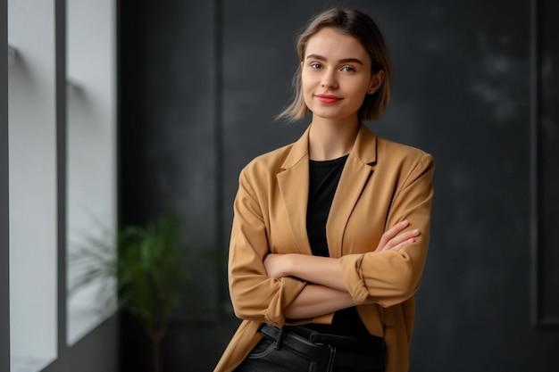 Eine Frau in beiger Jacke steht vor einer schwarzen Wand.